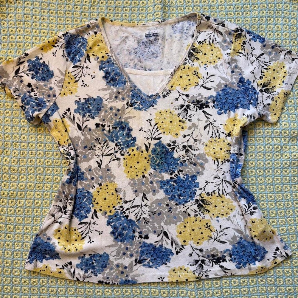 Basics Edition Y2K Yellow Blue Floral Beaded Double Layer Baby Tee Large
